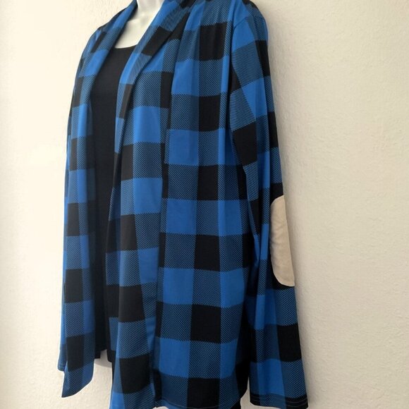 BLUE PLAID COLORBLOCK ELBOW PATCH CARDIGAN GUC - Picture 5 of 11